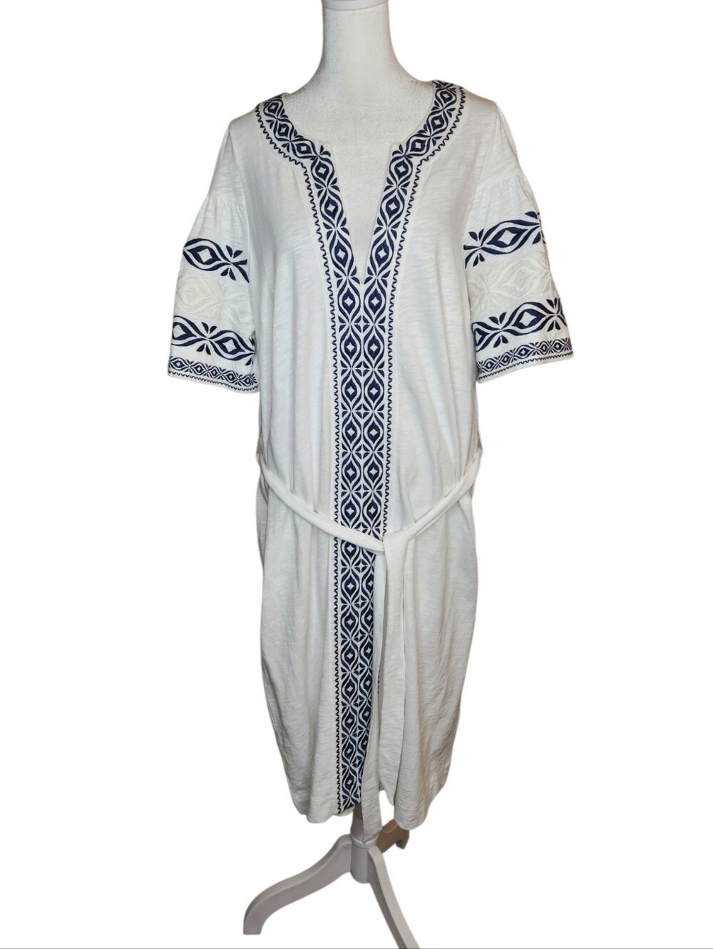 Boden Embroidered Jersey Short Dress Tie Belt White and Navy Size US 14 Long